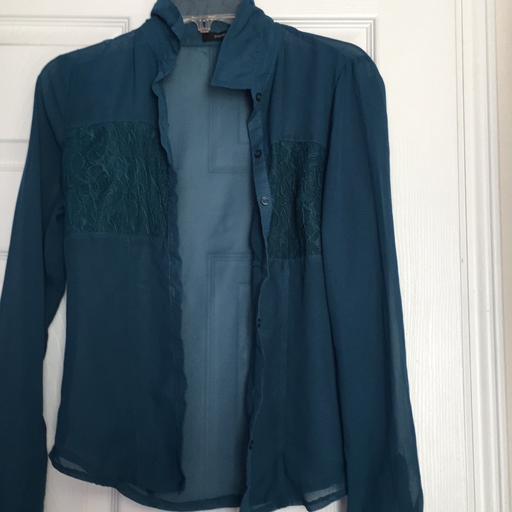 Teal colored lace button down shirt
